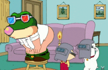 a cartoon character wearing 3d glasses is sitting on a stool in a living room