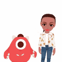 a cartoon girl standing next to a red monster with one eye .