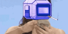 a man with a beard is smoking a cigarette and wearing a virtual reality headset with a microwave on his head .