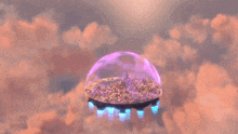 a purple dome with a city inside of it floating in the clouds