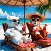 a polar bear and a chipmunk are sitting on a beach under an umbrella holding drinks .