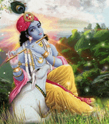 a painting of a deity playing a flute while sitting next to a cow