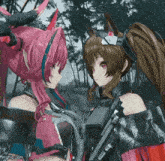 two anime girls are standing next to each other in the woods .
