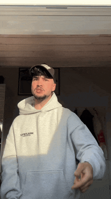 a man wearing a grey hoodie that says virtuum