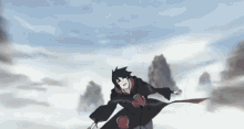 a cartoon character is flying through the air with a sword .