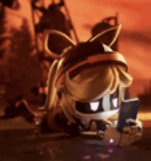 a cartoon character is wearing a helmet and sunglasses and looking at a cell phone .