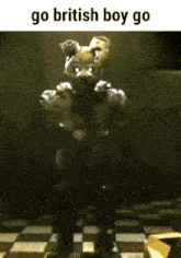 a british boy is standing in a dark room .