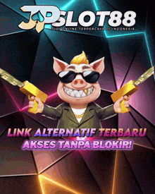 a cartoon pig holding a gold bar and a gun with the words slot88 on the bottom