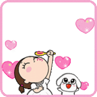 a girl blowing soap bubbles in front of a balloon filled with pink hearts