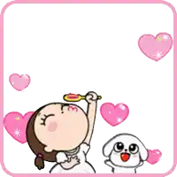 a girl blowing soap bubbles in front of a balloon filled with pink hearts