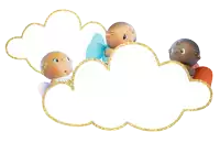 three dolls are sitting on a cloud with a gold border