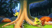 a cartoon of a man in a yellow shirt standing next to a tree that says movieclips on it