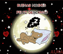 a teddy bear is sleeping in front of a full moon with the words buenas noches feliz descanso above it