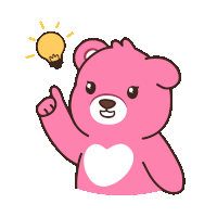 a pink teddy bear with a heart on its chest has a light bulb above its head