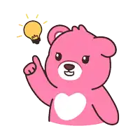 a pink teddy bear with a heart on its chest has a light bulb above its head