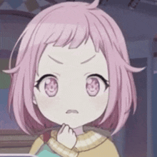 a little girl with pink hair and pink eyes is making a funny face