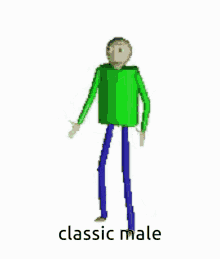 a pixel art of a man in a green shirt and blue pants is dancing .