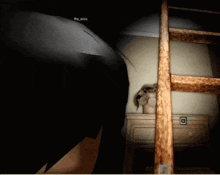 a screenshot of a video game shows a staircase leading up to a room
