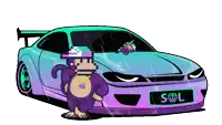 a cartoon of a monkey standing next to a car that says sol on the front