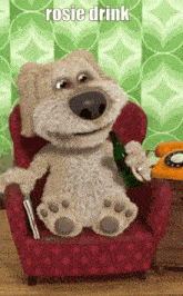 a teddy bear is sitting in a chair with a bottle of rosie drink in his hand