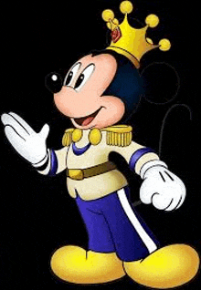 mickey mouse is wearing a crown and waving while standing on a black background .