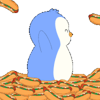 a blue penguin is sitting in a pile of hotdogs