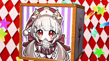 a picture of a girl in a santa hat is in a wooden box on a checkered background