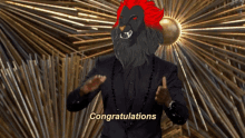 a man in a black suit says congratulations with a lion on his head