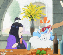a woman is eating a sausage with a unicorn behind her