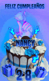 a birthday cake with the name nancy on it and the number 28