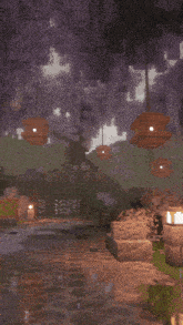 a minecraft scene with a tree and lanterns hanging from it