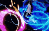 a purple and blue circle with a black hole in the background