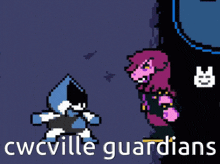 a pixel art of two characters with the words cwcville guardians