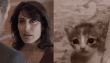 a woman next to a picture of a cat with a sad look on its face