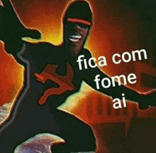 a cartoon of a man in a black suit holding a gun with the words fica com fome ai on the bottom .