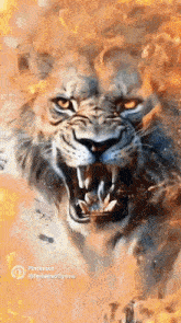a painting of a lion with its mouth open and fire behind it