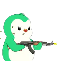 a cartoon penguin is holding a gun and shooting bullets