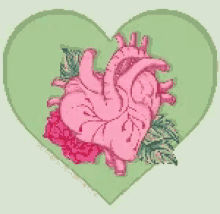 a green heart with a pink heart and flowers inside