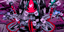 a colorful drawing of a samurai with a red x on his head