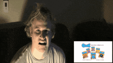 a man making a funny face in front of an advertisement for bob-a-back.com