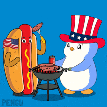 a hot dog and a penguin are cooking on a grill with the penguin wearing an uncle sam hat