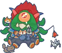 a cartoon drawing of a monster with a flower on its tail