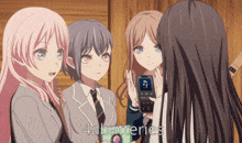 a group of anime girls are looking at a cell phone that says 4a batteries on the bottom