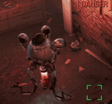 a video game screen shows a robot and a dog and says danger in the corner