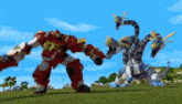 a couple of robots are standing next to each other on a grassy field .