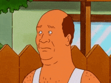 king of the hill is a cartoon character with a bald head and a beard .