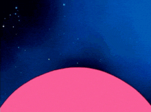 a pink circle in the middle of a blue sky with stars