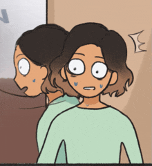 a cartoon drawing of a woman looking at herself in a mirror