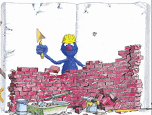 a cartoon of elmo building a brick wall with a shovel