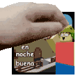 a pixelated image of a hand holding a sign that says en noche buena